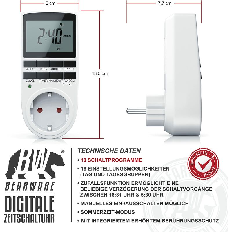 CSL – Timer Digitale – Display LCD da 2,1 Pollici 5,3 cm – 3680 W – Timer  Digitale con 10 programmi configurabili – Batteria di Back-Up di riserba –  Commutazione Casuale – Protezione Bambini