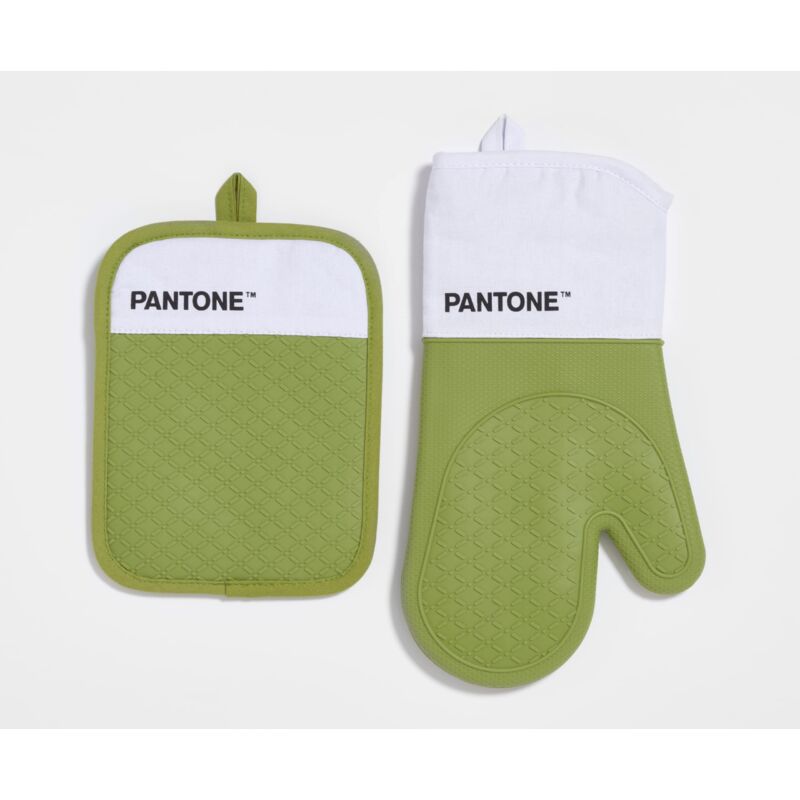 Pantone Set Guanto Forno E Presina | Cotone Con Grip Silicone | Resistente Al Calore 250&deg;C | Bianco/Verde