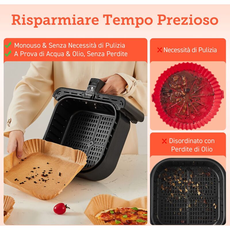 PORTENTUM Carta forno per friggitrice ad aria 100 unità da 16-20 cm Rotonda. Adatto al Forno, da 3,5 a 6 litri. Carta Air Fryer certificata per uso alimentare BPA Free, FDA e