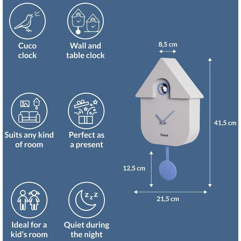 Fisura - Orologio cucù grigio, blu e bianco. Orologio moderno a pendolo.  Orologio da parete originale da regalare. 3 batterie AA non incluse.  Misure: 21,5 x 8 x 41,5. Plastica ABS.