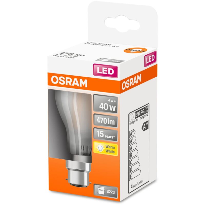 OSRAM LED Star lampada LED a filamento smerigliato, base B22d, bianco caldo  (2700K), forma della lampadina, set di sostituzione per lampadine  convenzionali da 40W, confezione da 1