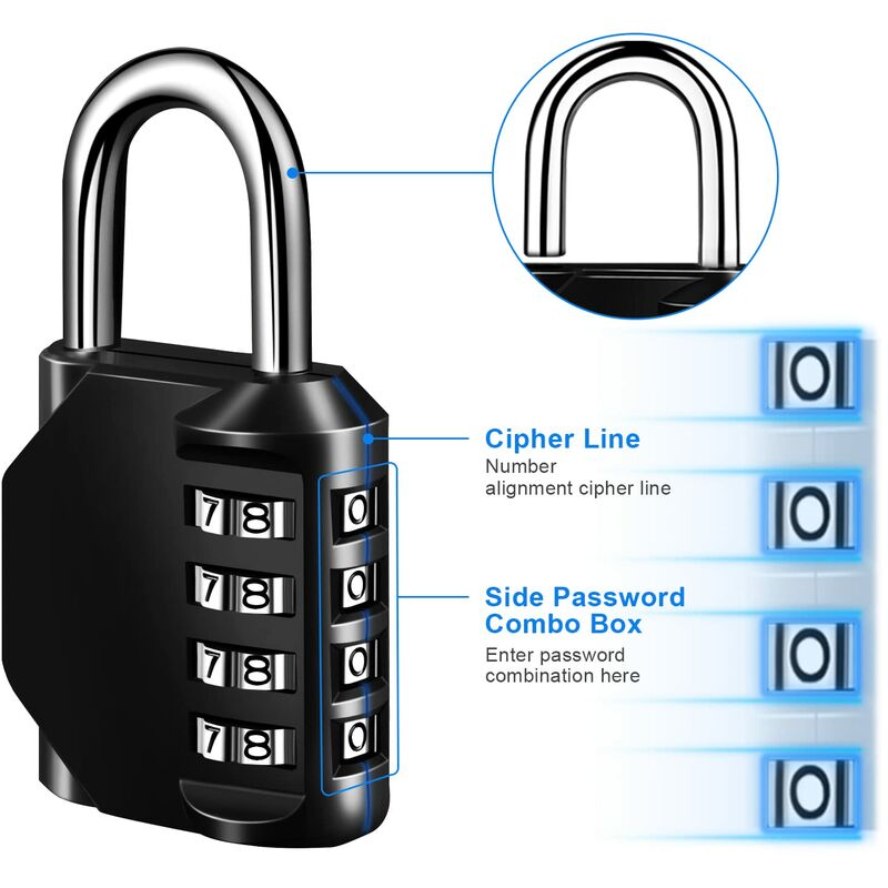 QEIHITYO Lucchetto Combinazione, Lucchetto con Combinazione a 4 Cifre,Lucchetto  Armadietto in Lega di Zinco,Cambia il tuo Codice a Piacere,Adatto per  Armadietti,Garage,Cancelli,Scuole (Nero)