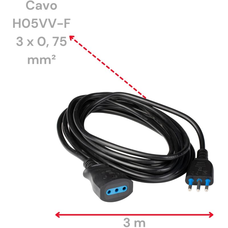 Prolunga Elettrica Velamp 3 Metri - Spina Italiana 10A, Sicura Per Bambini, Colore Nero