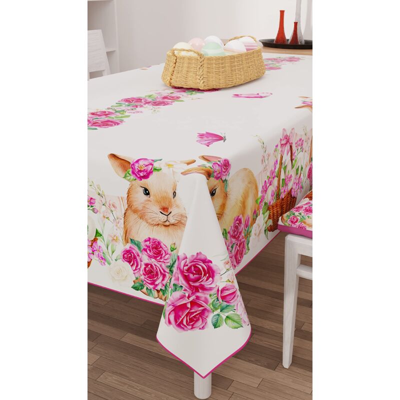 PETTI Artigiani Italiani - Tovaglia Pasqua Antimacchia Rettangolare Copritavolo  Pasquale Cucina Disegno Pink Bunnys X6 Posti (140x180 cm) 100% Made in Italy