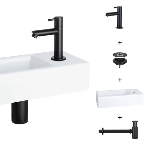Differnz Helios - Lavabo piccolo, in ceramica, colore bianco, nero,  rubinetti a destra, lavabo, rubinetto per acqua