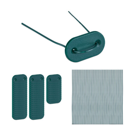 Relaxdays Kit per il Fissaggio Telo Frangivista, Set con 52 Piastre di Montaggio e 52 Aste in Filo Metallico, Verde