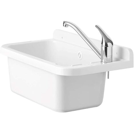 Negrari Lavandino Pilozzo a Muro in Resina, Resistente agli acidi di uso comune, Resistente all'umidità, Kit di scarico incluso, Interno e Esterno, L50 x P34 x H21 cm, Bianco