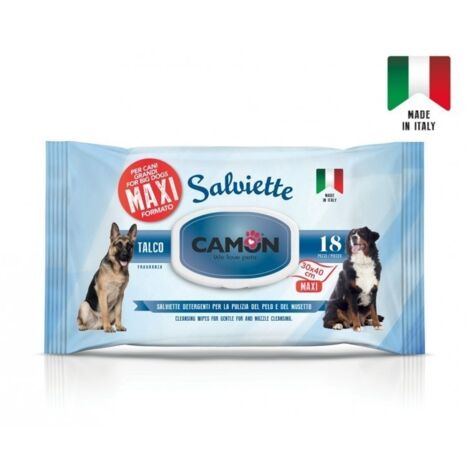 CAMON  Salviette Detergenti per Cani e Gatti, Maxi Formato 30x40 cm, Confezione da 18 Pezzi, Fragranza Talco, Delicate e Rinfrescanti, Senza Alcool etilico né Parabeni, Made in Italy