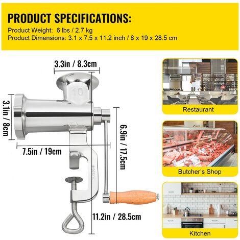 VEVOR Tritacarne Manuale per Impieghi Gravosi in Acciaio Inox Diametro  8/8,3 cm