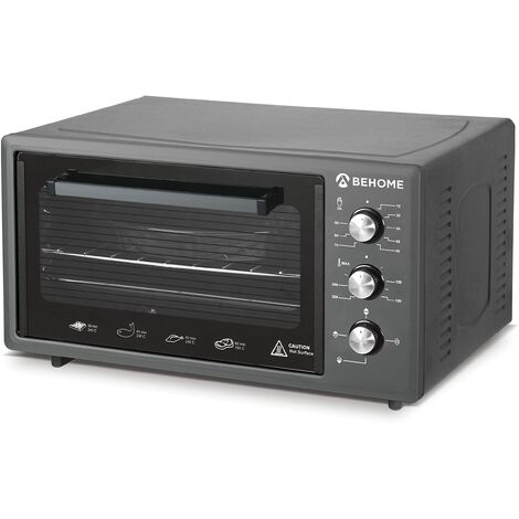 BEHOME Forno Elettrico Ventilato 48 litri con Girarrosto, Autopulente e Smaltato, Temperatura fino a 320° Doppio Vetro con Luce Interna e Timer 2 Teglie e 1 Griglia (Grigio)