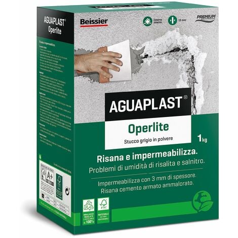 AGUAPLAST Operlite stucco risanante contro umidità e salnitro, 1kg - Stucco, intonaco colore grigio chiaro