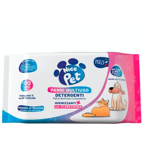 Nice Pet Salviette IGIENIZZANTI Cani, Gatti con CLOREXIDINA - 100 Salviette - Proteggono Il PH Naturale - Profum al Muschio - Salvette Ideali per l'igiene Manto di Cani e Gatti  Salviette Cane