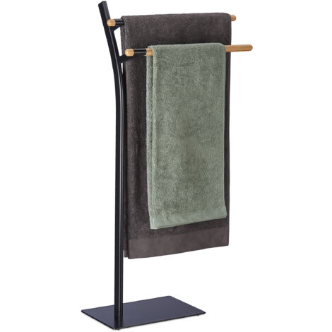 Relaxdays Piantana Portasciugamani da Bagno. Acciaio, 2 Bracci per Asciugamani, HLP: 88x46,5x20 cm, Nero Color Naturale, Legno (1/5)
