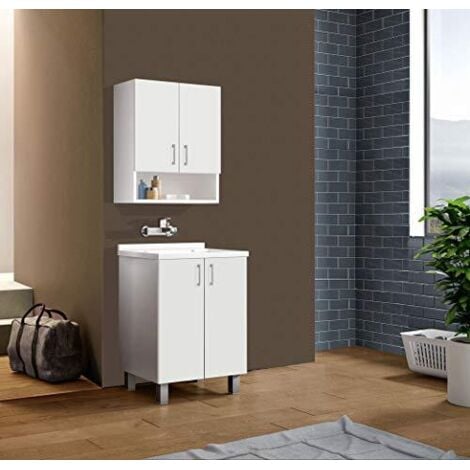 Mobile Lavatoio Athena Con Vasca Metacrilato - Bianco, 60x50x86 Cm, Con Asse Legno - Foto 4