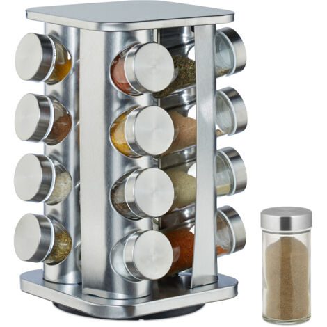 Relaxdays Portaspezie con 16 Barattoli, Girevole a 360°, Tappi Spargispezie, Acciaio Inox, Argento