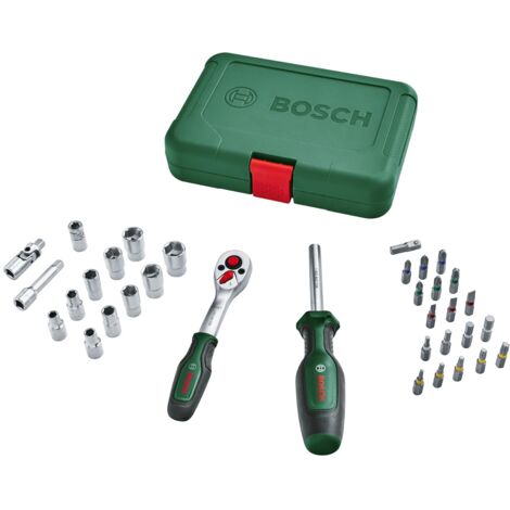 Bosch Set da 34 pezzi di cricchetti/bussole da 1/4", set di bussole versatile, di alta qualità per molteplici progetti di fai-da-te, ergonomiche, impugnatura SoftGrip, portabit magnetico