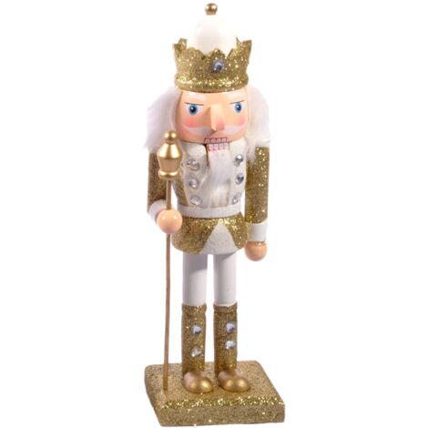 Ciao Schiaccianoci Natale Soldatino Re con scettro (24cm) in legno glitterato, oro/bianco