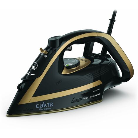 Tefal Puregliss Ferro a Vapore, 3000 Watt, Colpo di Vapore 280 g/min, Vapore Verticale, Tecnologia Anti Macchie, Spegnimento Automatico, Nero/Oro, FV8064