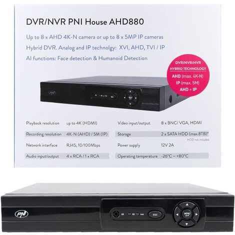 DVR/NVR PNI House AHD880, 8 canali analogici 4K-N o 8 canali 5MP, H265+, ingresso audio, uscita audio, USB2.0, 2 x SATA max 8TB (1/4)
