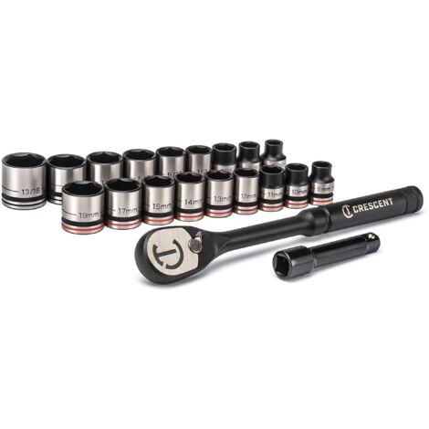Crescent CSWS38B X10 - Set di chiavi a bussola, 20 pezzi, con testa a basso profilo e leva da incasso, 9,525 mm (1/4)