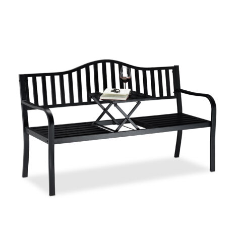 Relaxdays Panca da Giardino con Tavolino Pieghevole, 3 Posti, Tavolo Integrato, HxLxP 90 x 150 x 57,5 cm, Nero