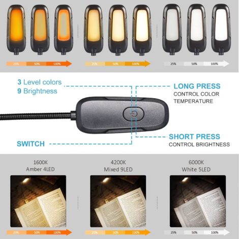 Luce Da Lettura Ricaricabile USB - 9 LED, 3 Modalità, Pinza Flessibile - Foto 3