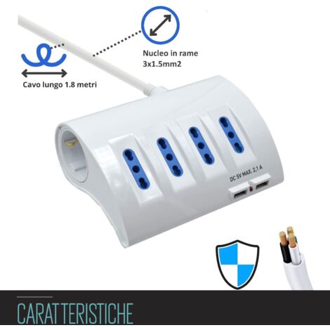Multipresa da Scrivania a 6 Posti + 2 Porte USB - Ciabatta da Tavolo con 4 Prese Italiane 10A/16A + 2 Prese Universali Italiane/Schuko (Tedesche)