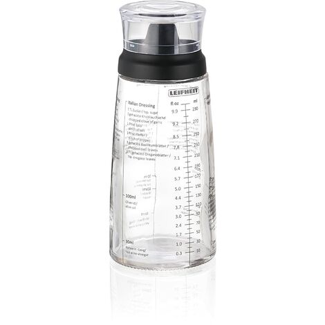 Shaker per Vinaigrette Leifheit 3195, miscelatore per vinaigrette graduato da 300 ml con beccuccio versatore anti-goccia, 5 ricette incluse