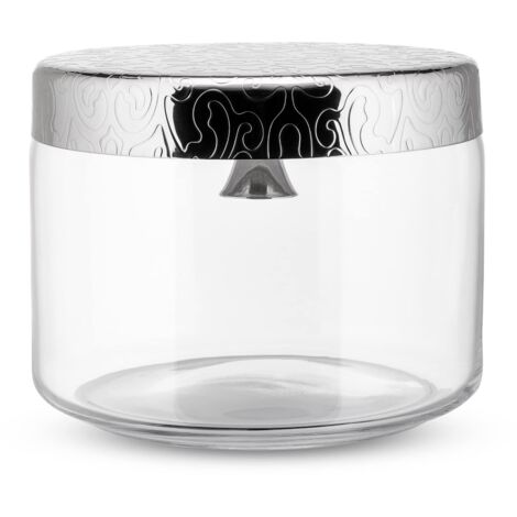 Alessi MW29 "Dressed", Biscottiera in vetro. Coperchio in acciaio inossidabile 18/10 lucido con campanella e decoro a rilievo. (1/5)