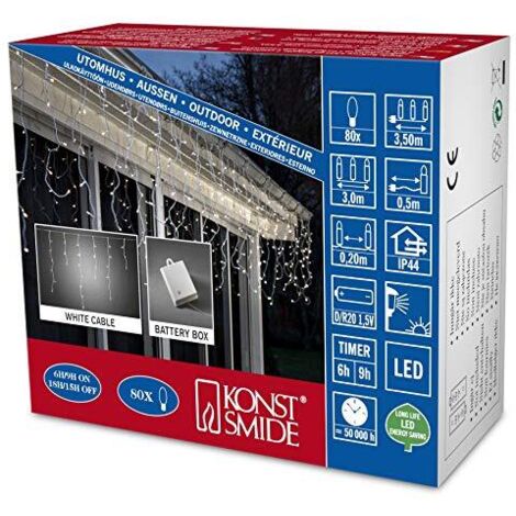 Konstsmide 3741-100 - Catena luminosa LED, diodi rotondi, con interruttore on/off e sensore luminoso, timer per 6 e 9 ore, adatta a esterni (IP44), 80 diodi a luce bianca calda, funzionamento a
