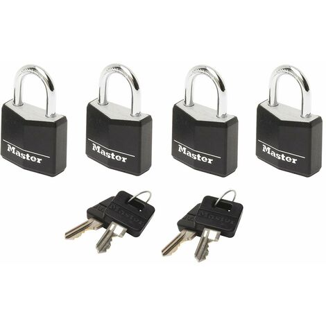 Master Lock 9120EURQBLKNOP Mini Lucchetto, Chiave, Set di 4, Pacco Famiglia, Ottimo per valigia e armadietto, Multicolore(Casuale), Piccolo