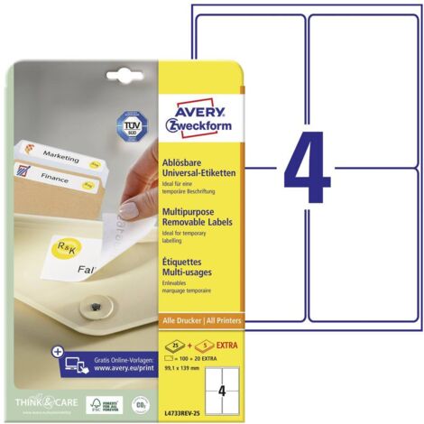 Avery-Zweckform L4733REV-25 Etichetta universale 99.1 x 139 mm Carta Bianco 120 pz. Staccabile Stampante a getto d'inch (1/5)