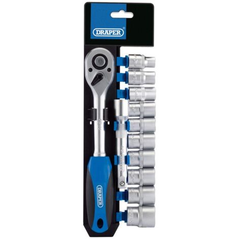 Draper Set di 12 chiavi a bussola e cricchetto con attacco quadro da 1/2", per fai da te, casa, officina, kit professionale e auto