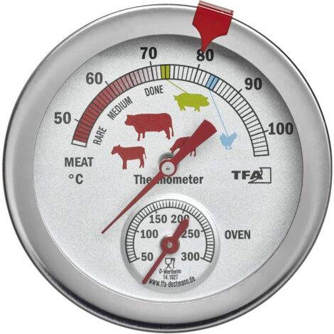 TFA Dostmann Termometro da cucina analogico per arrosti/forni 14.1027, in acciaio inox, resistente al calore, con diversi livelli di cottura, per la misurazione della temperatura al cuore, argento (1/2)