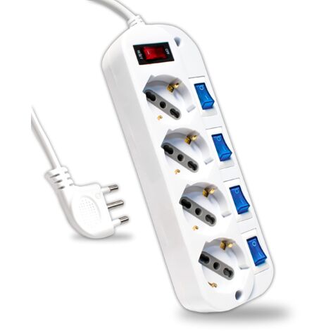 V-TAC Multipresa Elettrica con Interruttori Indipendenti - 4 Prese 10/16A Bipasso + Schuko - Spina 16A - Presa Elettrica per Casa, Ufficio, Negozio - Ciabatta - Colore Bianco