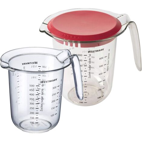 Westmark Set da 2 Pezzi, Misurini da 0,5 L e 1 L con Coperchio, Scala Graduata Multilingue, Plastica, Trasparente/Rosso, 306622E6 (1/5)