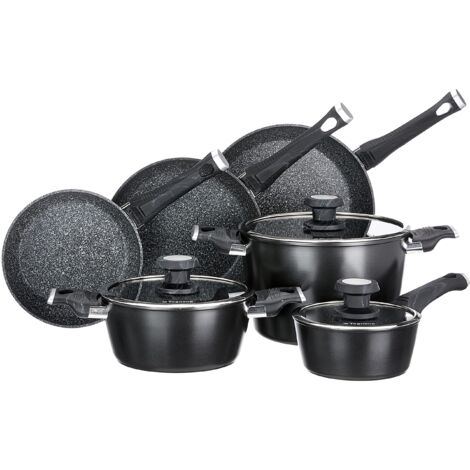 Tognana Sphera, Batteria di pentole e padelle, Set con 3 padelle, 2 casseruole, 1 pentola, 3 coperchi in vetro, 9 Pezzi, Alluminio, Nero
