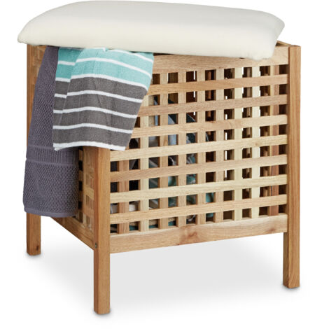 Relaxdays Sgabello da Bagno, Pouf Contenitore, Cuscino Imbottito, Portabiancheria, HLP 52x49x49 cm, Legno, Natura Bianco