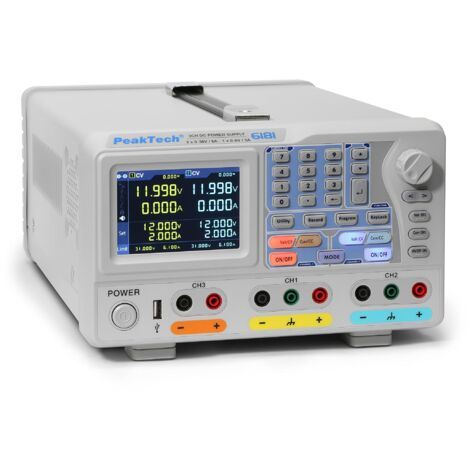 PeakTech P 6181 Alimentatore da banco a 2 canali, 0-30 V, 0-6 A, con display a colori TFT, risoluzione 1 mA e 1 mV, logger dati, rete LAN, USB, RS-232, seriale, parallelo, 15 W, 240 V