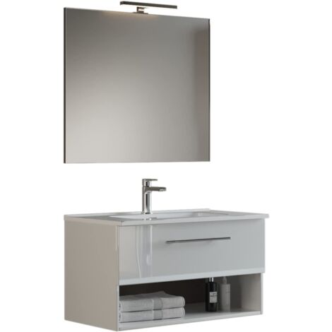 Mama Store GEA2 80 - Mobile Bagno Sospeso 80 CM Cassetto e Vano a Giorno Bianco Lucido Laccato con Lavabo, Specchio e Lampada LED, L.81 X P.45 X H.46 cm (1/2)