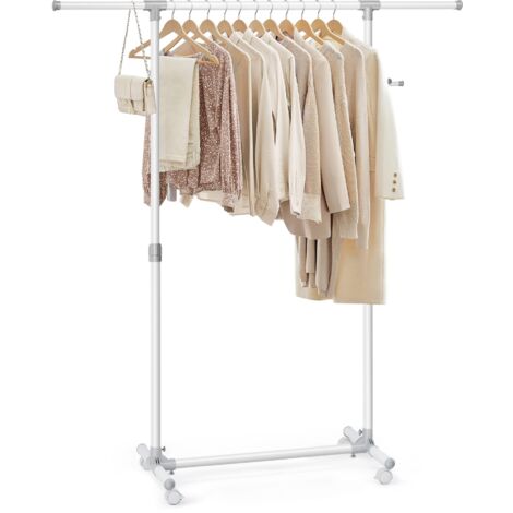 SONGMICS Stand Appendiabiti con Ruote, Attaccapanni, Altezza Regolabile 97-165 cm, Barra Estensibile, Ganci Laterali per Accessori, Bianco LLR001W01
