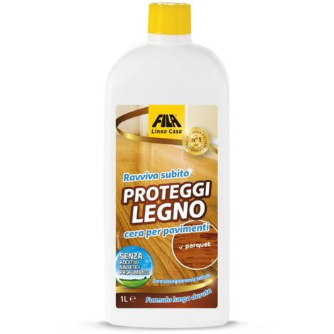 FILA Surface Care Solutions, PROTEGGI LEGNO, Cera per Parquet Verniciato, Prefinito e Laminato, Azione Ravvivante Parquet, Protegge da Usura e Graffi con un Sottile Strato di Protezione Parquet,1L