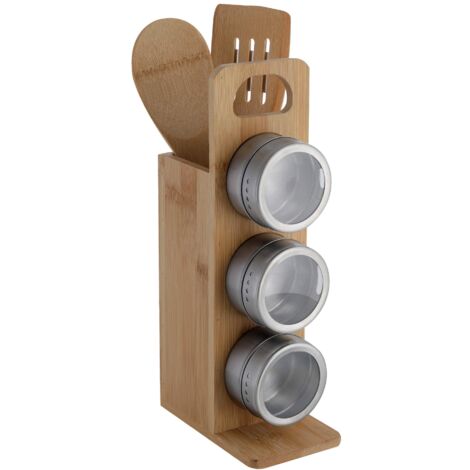 axentia Portaspezie in legno di bambù con 3 dosatori in acciaio inox, organizer per condimenti, porta spezie, ca. 13 x 27,5 x 8 cm, color legno/argento (1/3)