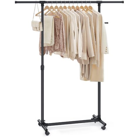 SONGMICS Stand Appendiabiti con Ruote, Attaccapanni, Altezza Regolabile 97-165 cm, Barra Estensibile, Ganci Laterali per Accessori, Nero LLR001B01