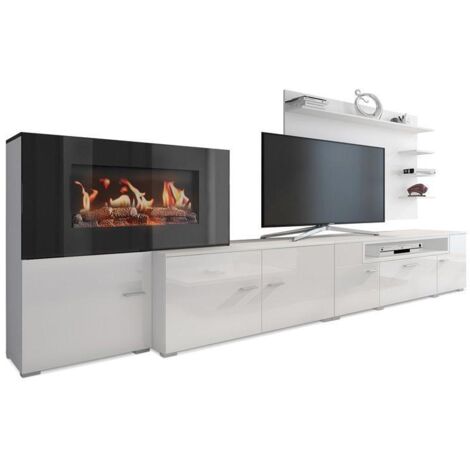 Skraut Home - Mobili per Soggiorno con Camino Elettrico - 170 x 290 x 45 cm - Sistema di Illuminazione LED Effetto Fiamma - Nuovo Modello Olympo - Stile Moderno - Finitura Bianca
