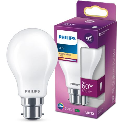 Philips LED Lampadina LED Classic, Equialente a 60W, Attacco B22, Luce Bianca Calda, Non dimmerabile, Frosted, 1 pack