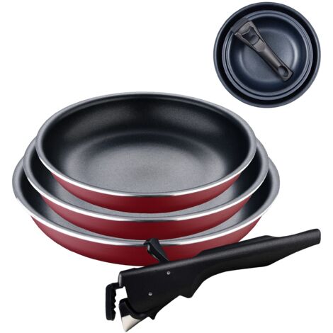 BERGNER Click&Cook Red Edition  Set di padelle da 4 pezzi da 18, 20 e 24 cm + manico ergonomico rimovibile  alluminio pressato e antiaderente  per tutti i tipi di cucine e forno