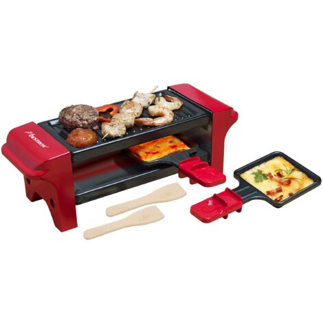 Bestron Mini Raclette per 1-2 Persone, Mini griglia da tavolo con 2 padelline e 2 spatole in legno, Piastra per Raclette con 350 watt, colore: Rosso/Nero