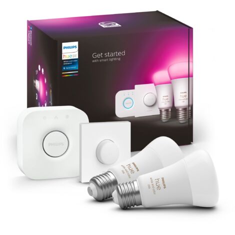 Philips Hue White & Color Ambiance Starter Kit 2 Lampadine Smart, Attacco E27, Luce Bianca e Colorata Dimmerabili, 9W, Hue Bridge e Telecomando Smart Button inclusi, Bluetooth (1/4)