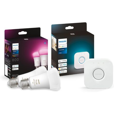 Philips Hue White and Color Ambiance Lampadina Smart 2 Pezzi, Attacco E27 Hue Bridge, Centro di Controllo del Sistema Hue (1/4)